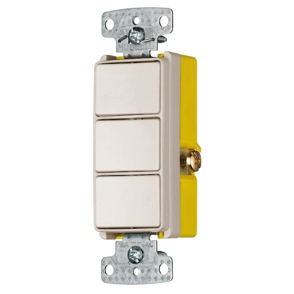 Hubbell Wiring Device-Kellems Switches and Lighting Controls, Combination Devices, Residential Grade, Decorator Series, 3) Three Way Rockers, 15A 120V AC, Side Wired, Light Almond RCD111LA - main